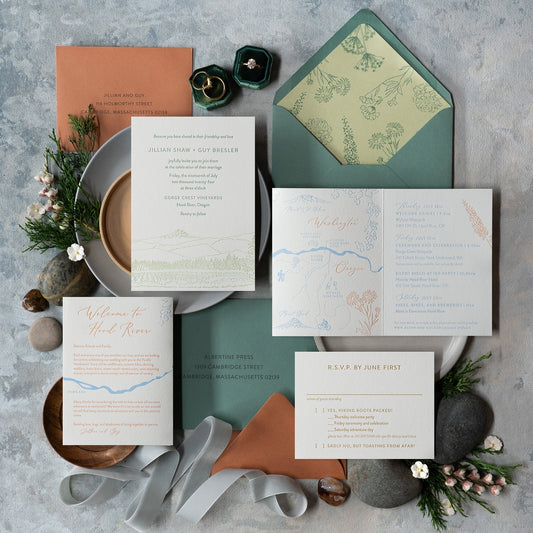 Landscape, letterpressed wedding invitation suite for an Oregon mountain wedding