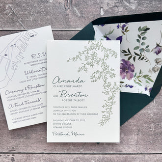 Botanical letterpress wedding invitation suite with vine drawing floral envelope liner and custom map design