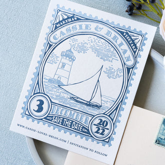 Custom letterpress illustration for a Martha's Vineyard coastal save the date