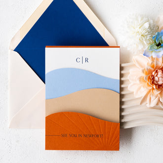 Newport Rhode Island coastal letterpress invitation with blind embossed detail and stacked design