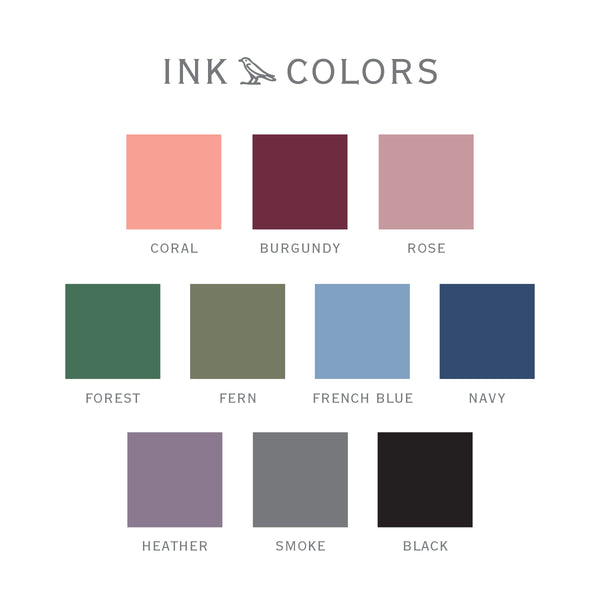 P.S. Personal Stationery ink color options - coral, burgundy, rose, forest, fern, french blue, navy, heather, smoke, black